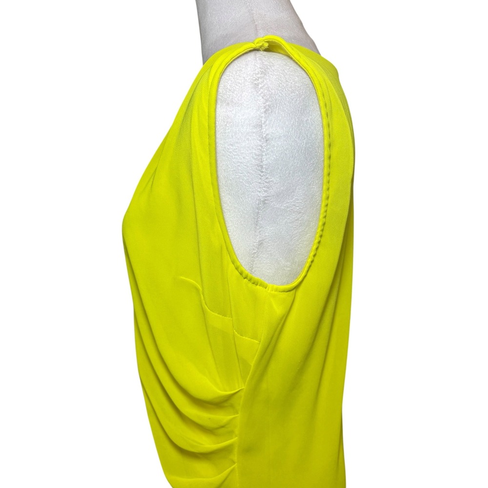 Bebe Neon Yellow Draped Bodycon‎ Shift Dress Large Sleeveless Asymmetric Hem - Picture 3 of 10